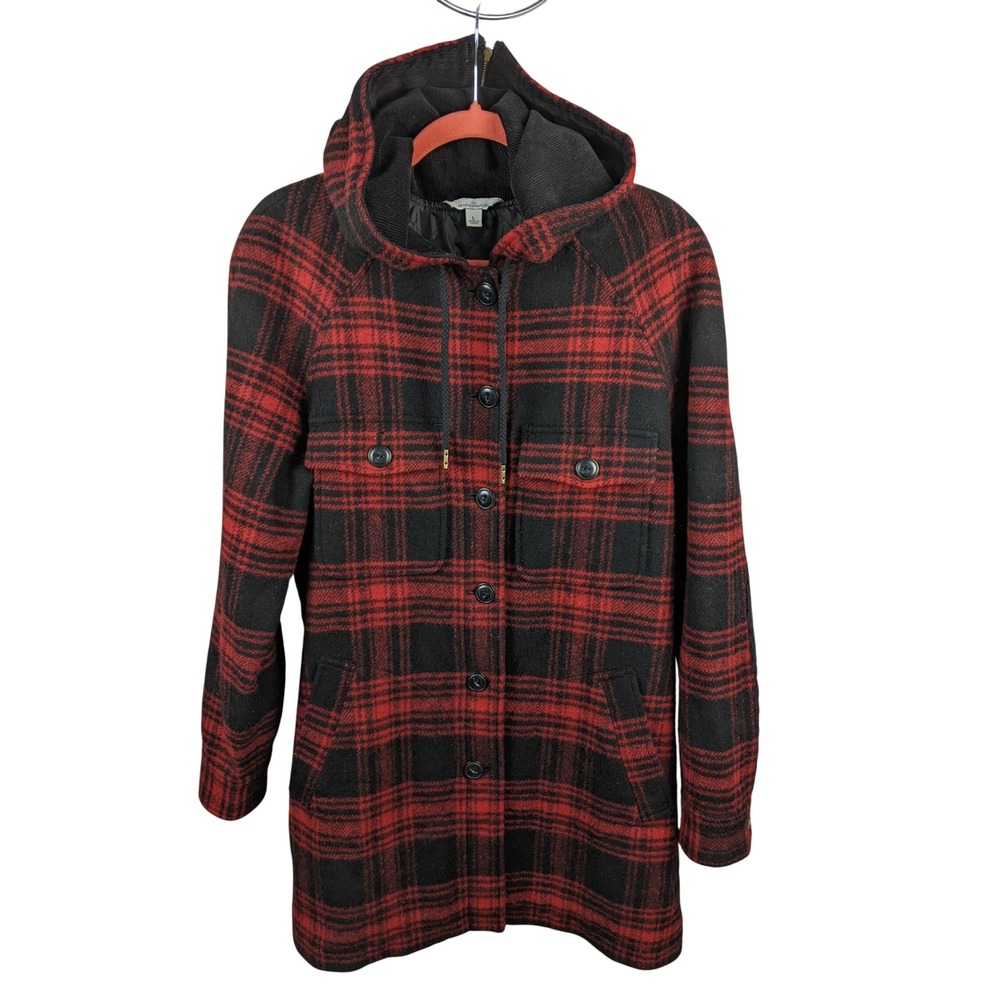 LL Bean Signature Red Black Buffalo Plaid Wool Hooded Coat Jacket Womens Large